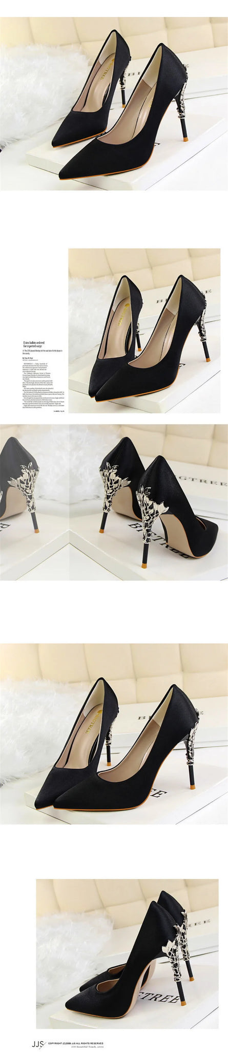 Elegant Metal Carved Heel Pumps – Silk Pointed Toe High Heels for Women