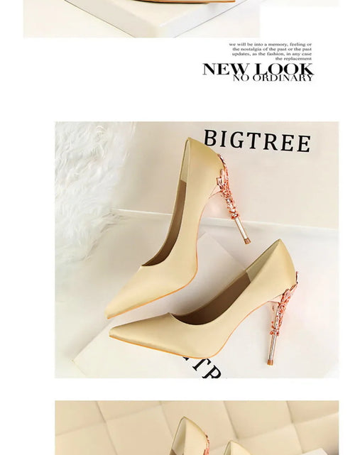 Load image into Gallery viewer, Elegant Metal Carved Heel Pumps – Silk Pointed Toe High Heels for Women
