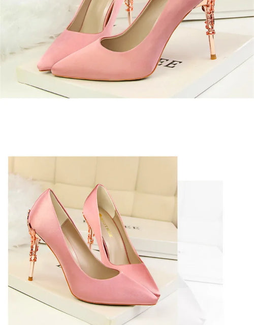 Load image into Gallery viewer, Elegant Metal Carved Heel Pumps – Silk Pointed Toe High Heels for Women
