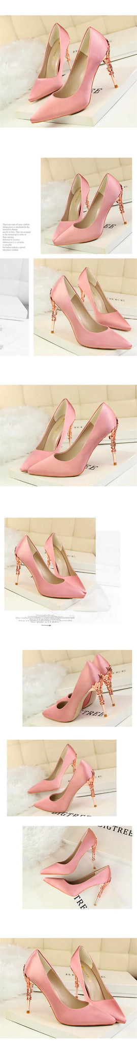 Elegant Metal Carved Heel Pumps – Silk Pointed Toe High Heels for Women