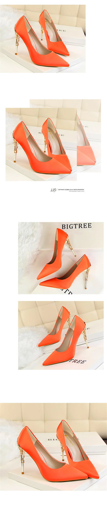 Elegant Metal Carved Heel Pumps – Silk Pointed Toe High Heels for Women