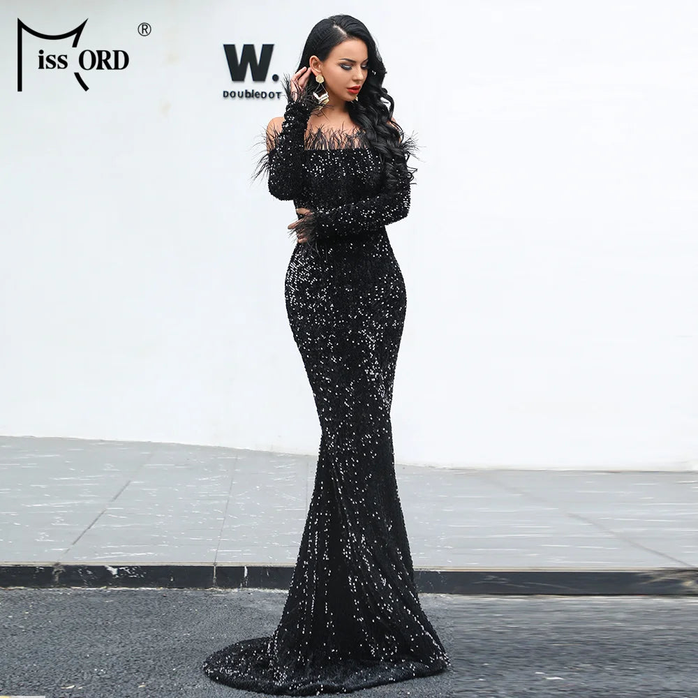 Glamour Redefined: Sequin Off-Shoulder Feather Detail Mermaid Evening Gown