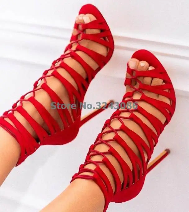 Fierce Elegance: Red Hollow-Out Gladiator Lace-Up High Heel Sandals