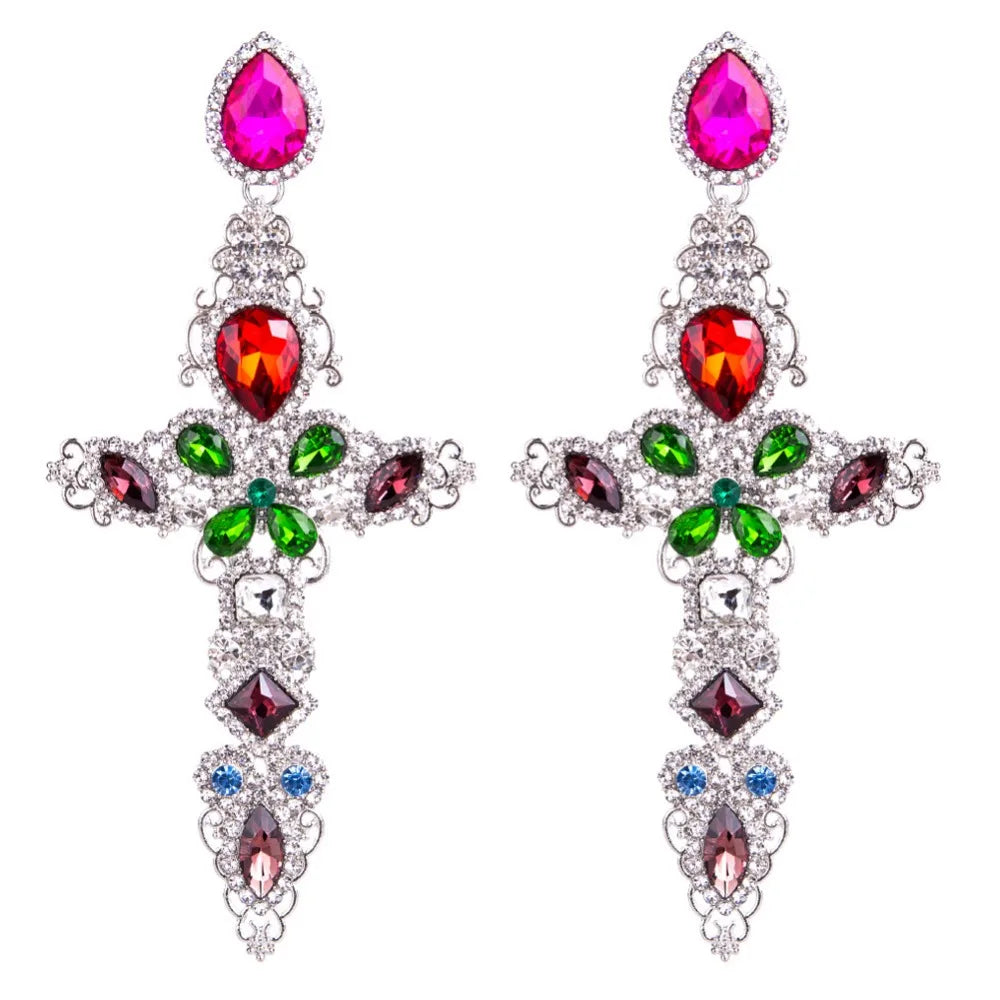 Baroque Large Cross Earrings – Luxury Rhinestone Dangle Earrings for Women