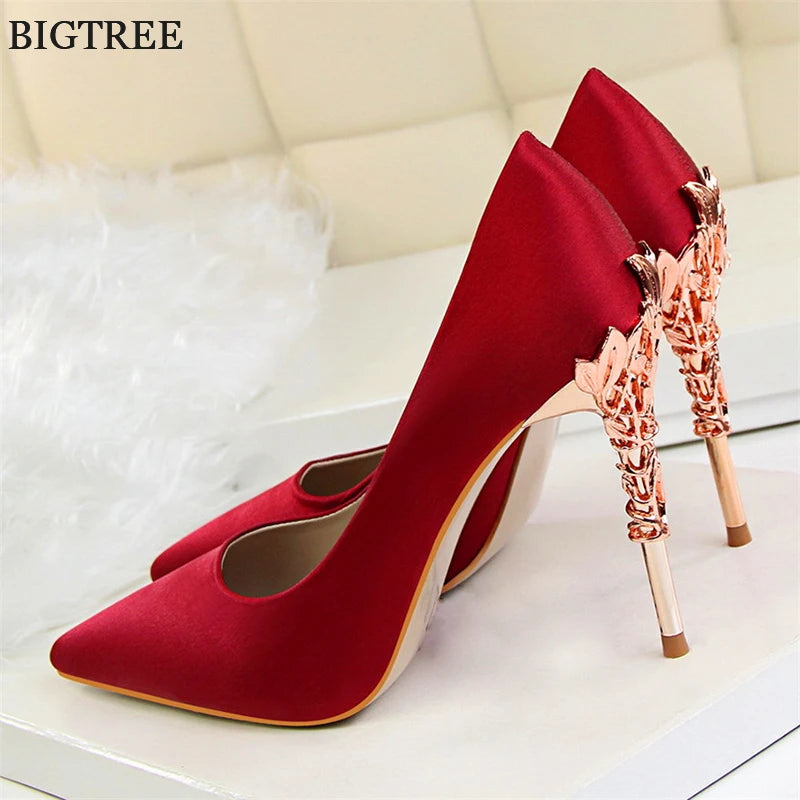 Elegant Metal Carved Heel Pumps – Silk Pointed Toe High Heels for Women