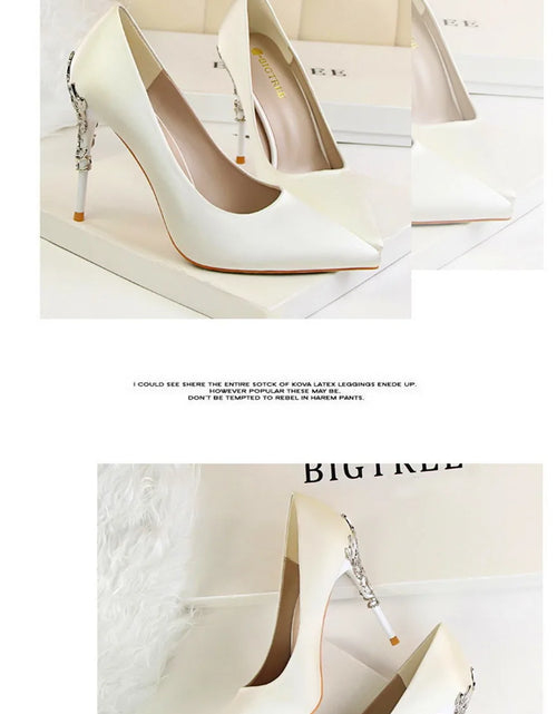 Load image into Gallery viewer, Elegant Metal Carved Heel Pumps – Silk Pointed Toe High Heels for Women
