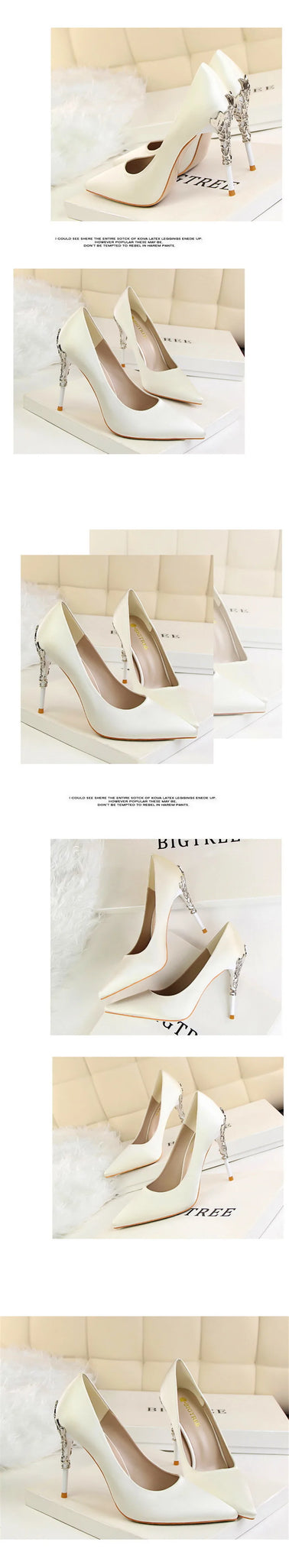 Elegant Metal Carved Heel Pumps – Silk Pointed Toe High Heels for Women