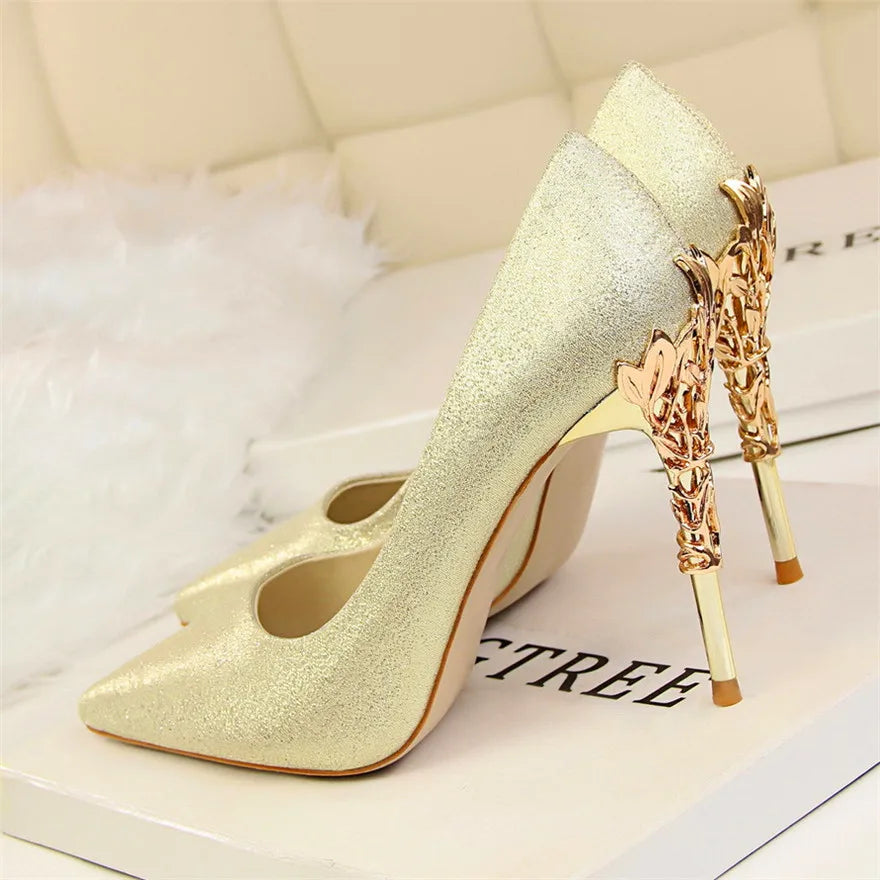 Elegant Metal Carved Heel Pumps – Silk Pointed Toe High Heels for Women