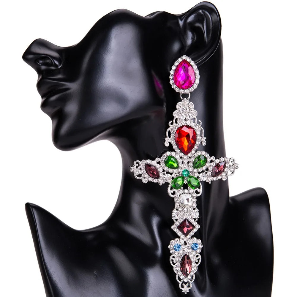 Baroque Large Cross Earrings – Luxury Rhinestone Dangle Earrings for Women