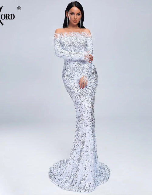 Load image into Gallery viewer, Glamour Redefined: Sequin Off-Shoulder Feather Detail Mermaid Evening Gown
