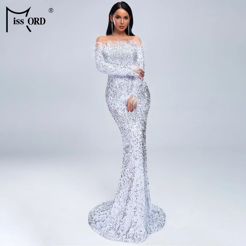 Glamour Redefined: Sequin Off-Shoulder Feather Detail Mermaid Evening Gown