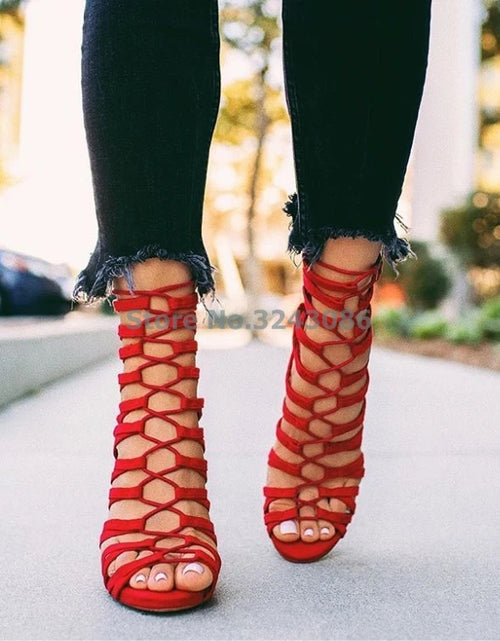 Load image into Gallery viewer, Fierce Elegance: Red Hollow-Out Gladiator Lace-Up High Heel Sandals
