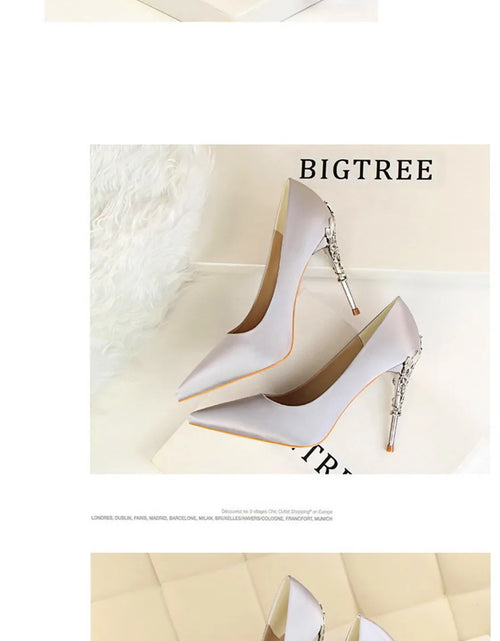 Load image into Gallery viewer, Elegant Metal Carved Heel Pumps – Silk Pointed Toe High Heels for Women
