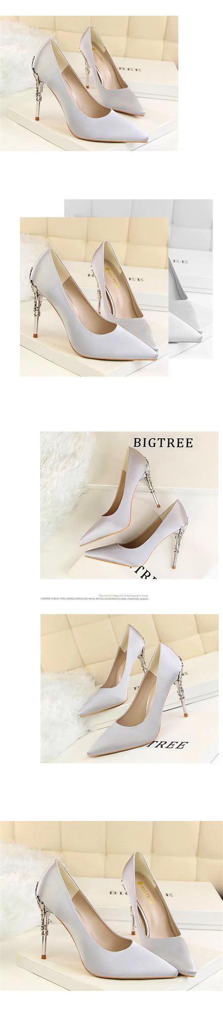 Elegant Metal Carved Heel Pumps – Silk Pointed Toe High Heels for Women