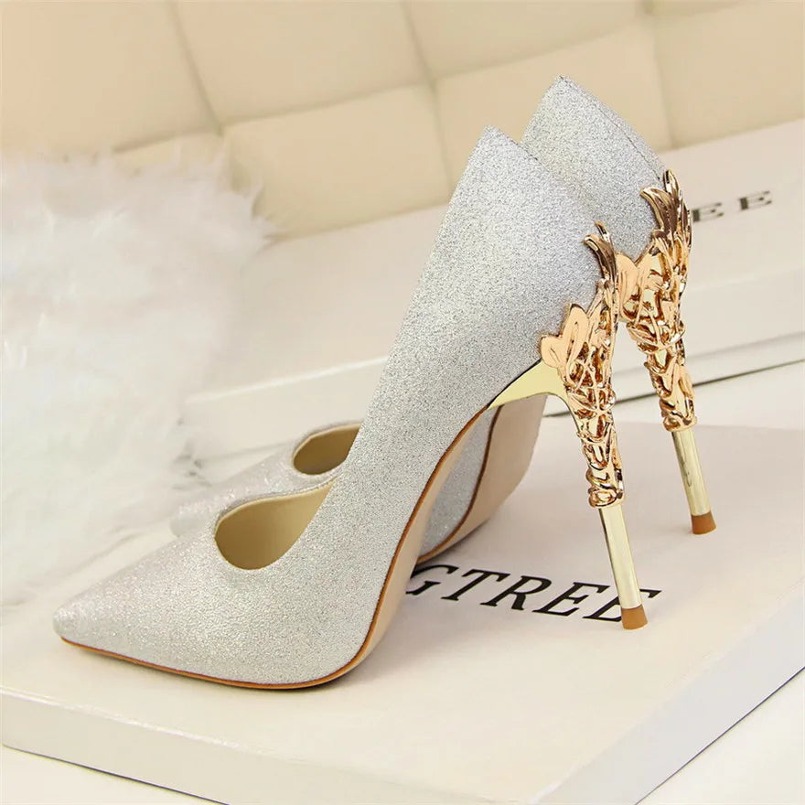 Elegant Metal Carved Heel Pumps – Silk Pointed Toe High Heels for Women