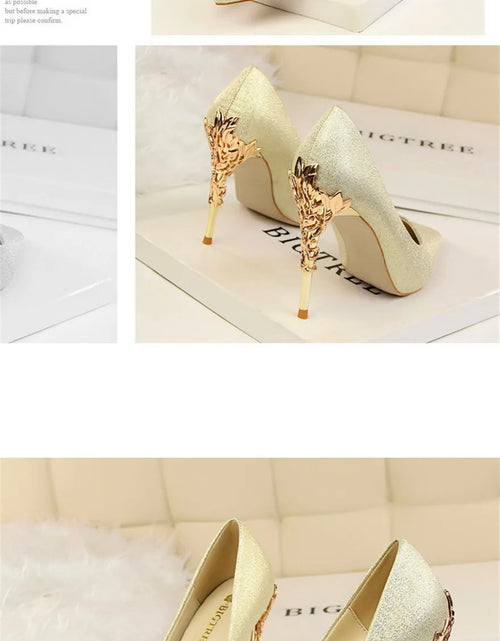 Load image into Gallery viewer, Elegant Metal Carved Heel Pumps – Silk Pointed Toe High Heels for Women
