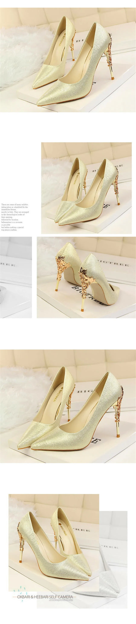 Elegant Metal Carved Heel Pumps – Silk Pointed Toe High Heels for Women