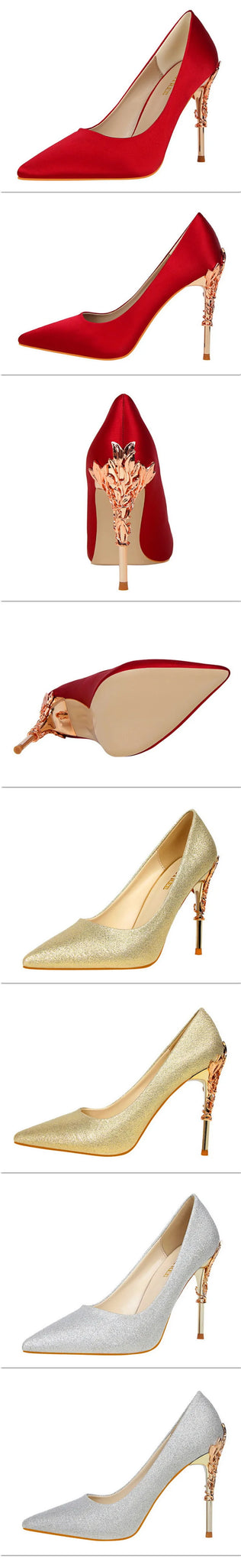 Elegant Metal Carved Heel Pumps – Silk Pointed Toe High Heels for Women