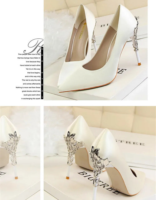 Load image into Gallery viewer, Elegant Metal Carved Heel Pumps – Silk Pointed Toe High Heels for Women
