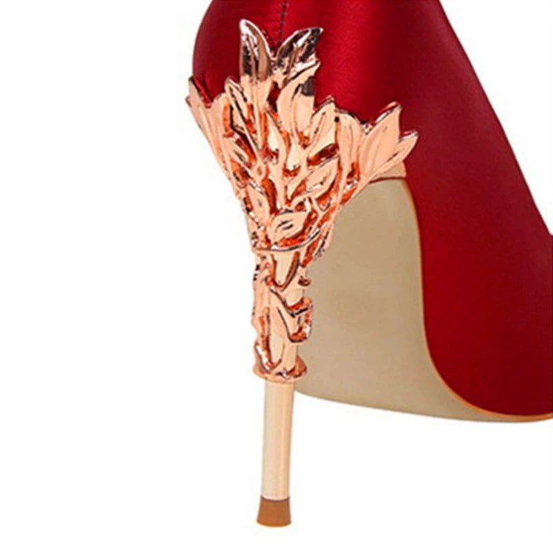 Elegant Metal Carved Heel Pumps – Silk Pointed Toe High Heels for Women