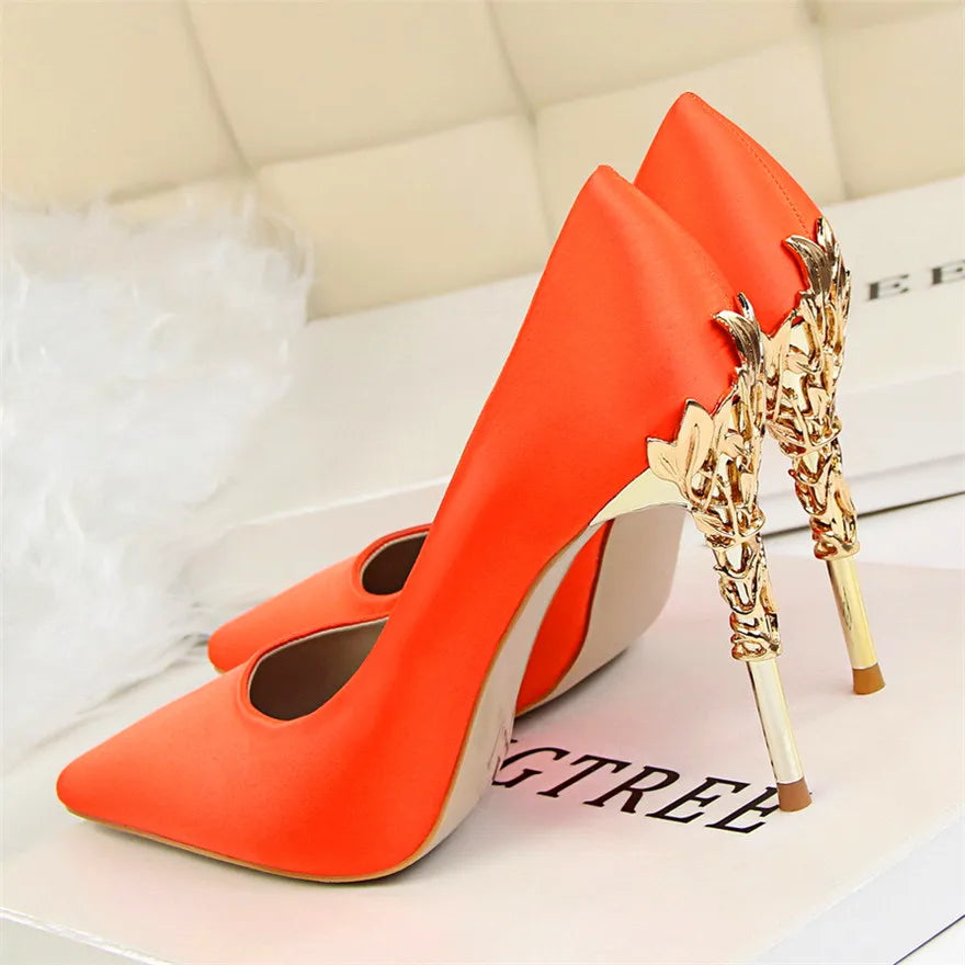 Elegant Metal Carved Heel Pumps – Silk Pointed Toe High Heels for Women