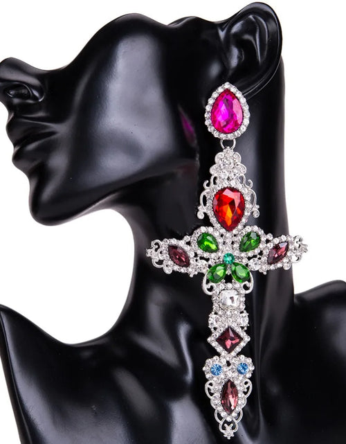 Load image into Gallery viewer, Baroque Large Cross Earrings – Luxury Rhinestone Dangle Earrings for Women
