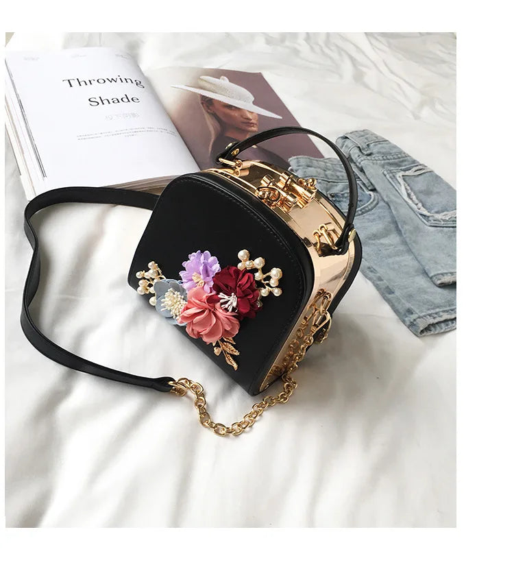 Elegant Flower Metal Clip Square Bag – Fashionable Shoulder Handbag for Dinners & Events