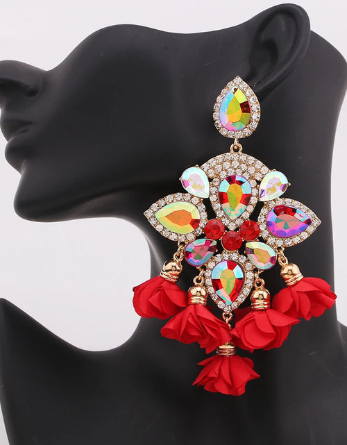 Load image into Gallery viewer, Boho Flower Tassel Earrings – Crystal Rhinestone Statement Jewelry for Women
