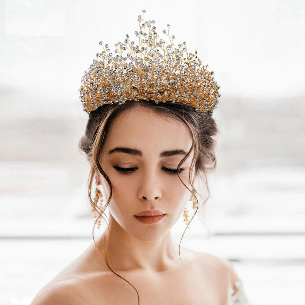 Luxury Wedding Jewelry Set – Bridal Headwear Crown, Necklace, and Earrings with AB Color Crystal Rhinestone, Handmade Unique Bridal Jewelry Sets