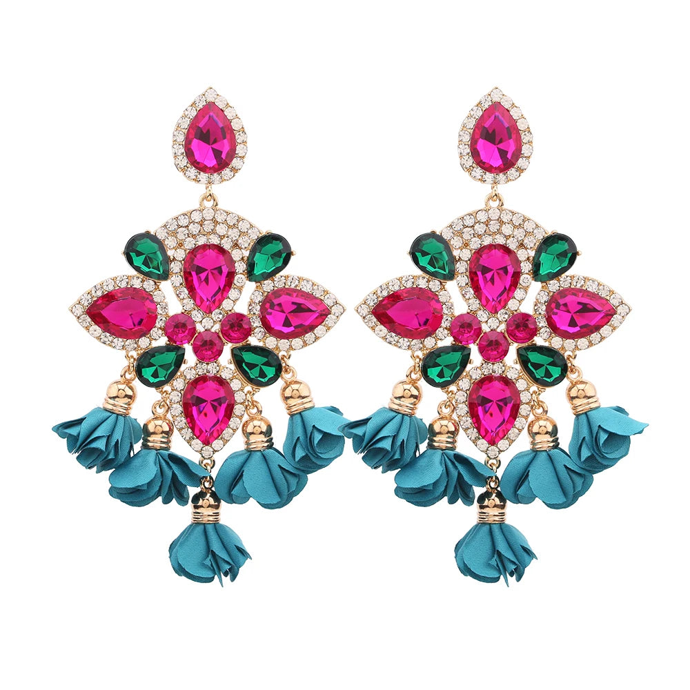 Boho Flower Tassel Earrings – Crystal Rhinestone Statement Jewelry for Women