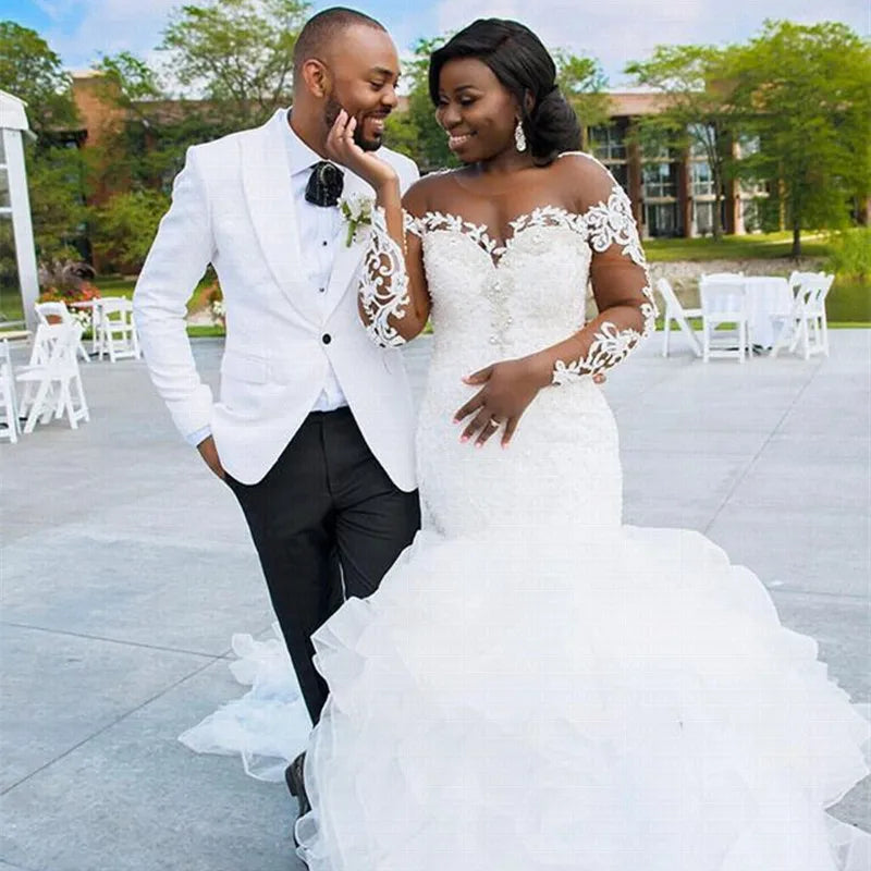 Elegant African Mermaid Wedding Dress – Cheerful Ruffles & Long Train Plus-Size Bridal Gown