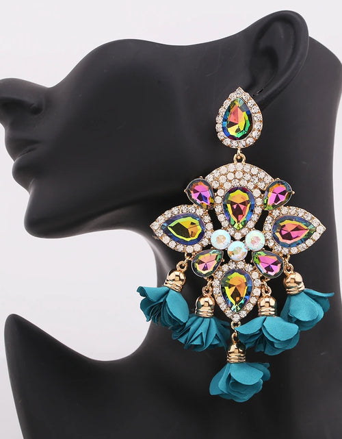 Load image into Gallery viewer, Boho Flower Tassel Earrings – Crystal Rhinestone Statement Jewelry for Women
