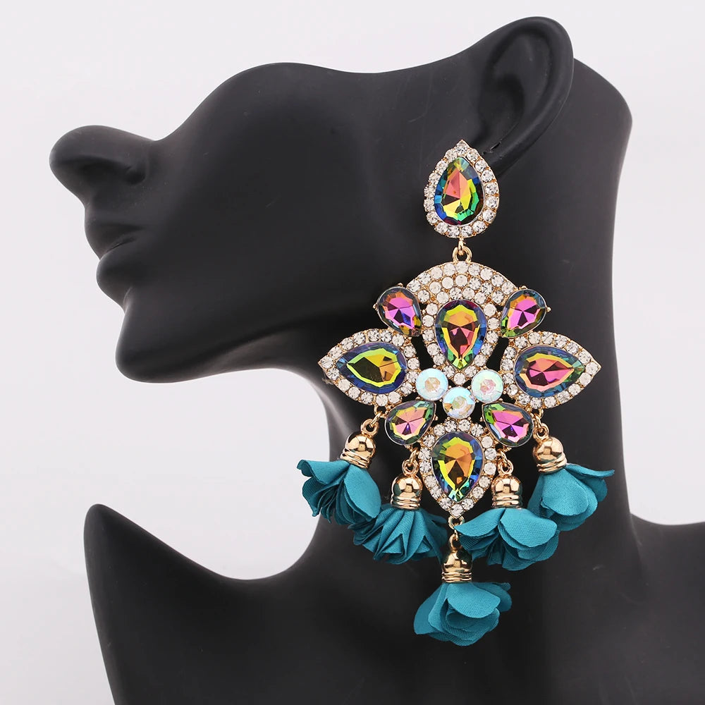 Boho Flower Tassel Earrings – Crystal Rhinestone Statement Jewelry for Women