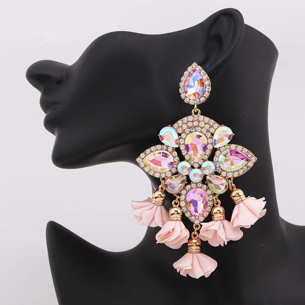 Boho Flower Tassel Earrings – Crystal Rhinestone Statement Jewelry for Women