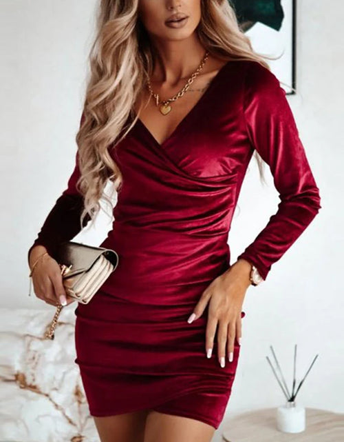 Load image into Gallery viewer, Women Elegant Solid Color Bodycon Dresses Sexy V-neck Draped Velvet Party Dress Autumn Lady Long Sleeve MIni Dress Vestidos
