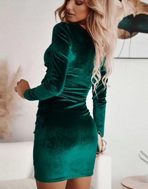 Load image into Gallery viewer, Women Elegant Solid Color Bodycon Dresses Sexy V-neck Draped Velvet Party Dress Autumn Lady Long Sleeve MIni Dress Vestidos
