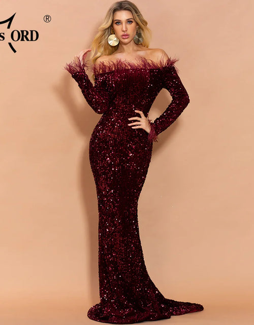 Load image into Gallery viewer, Glamour Redefined: Sequin Off-Shoulder Feather Detail Mermaid Evening Gown
