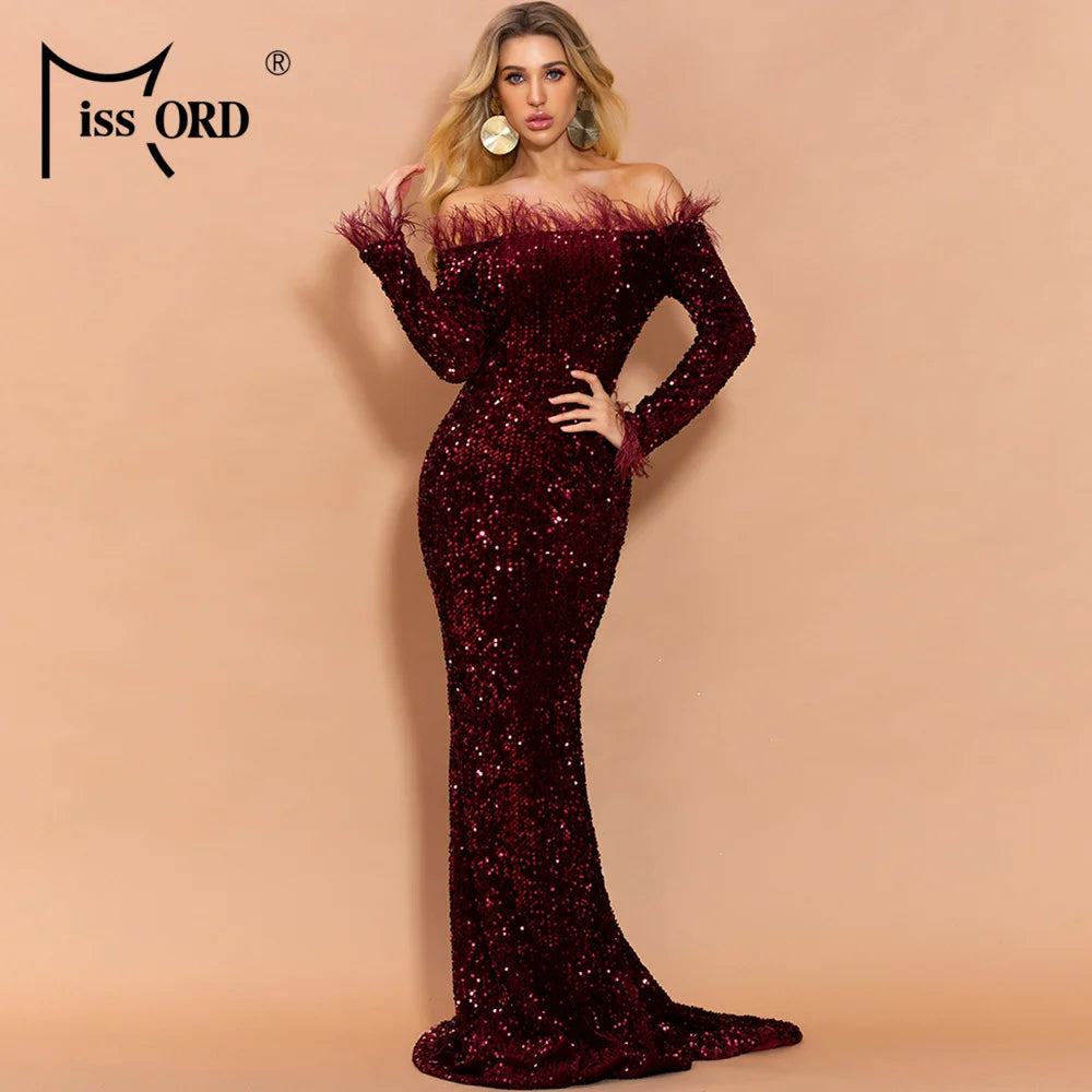 Glamour Redefined: Sequin Off-Shoulder Feather Detail Mermaid Evening Gown