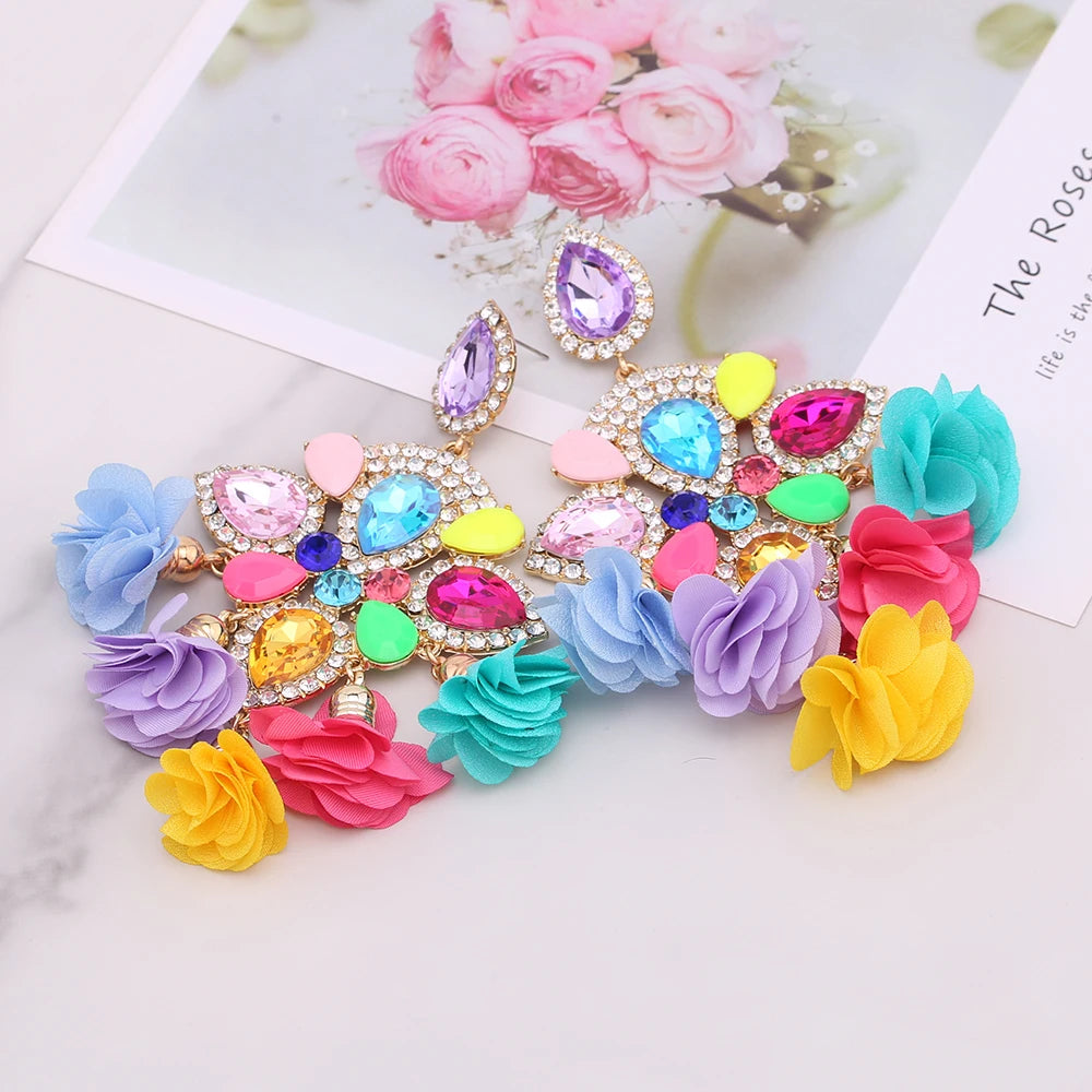 Boho Flower Tassel Earrings – Crystal Rhinestone Statement Jewelry for Women