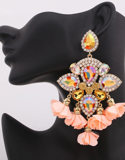 Load image into Gallery viewer, Boho Flower Tassel Earrings – Crystal Rhinestone Statement Jewelry for Women
