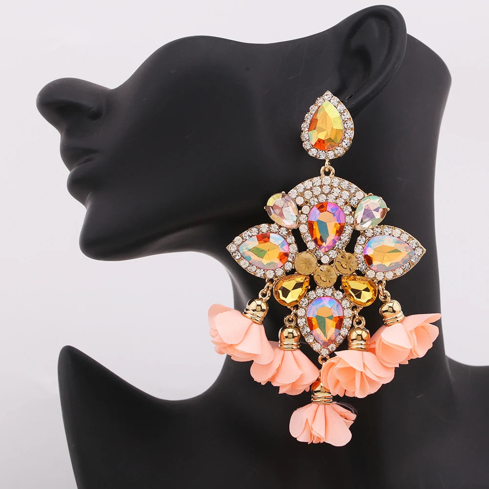 Boho Flower Tassel Earrings – Crystal Rhinestone Statement Jewelry for Women