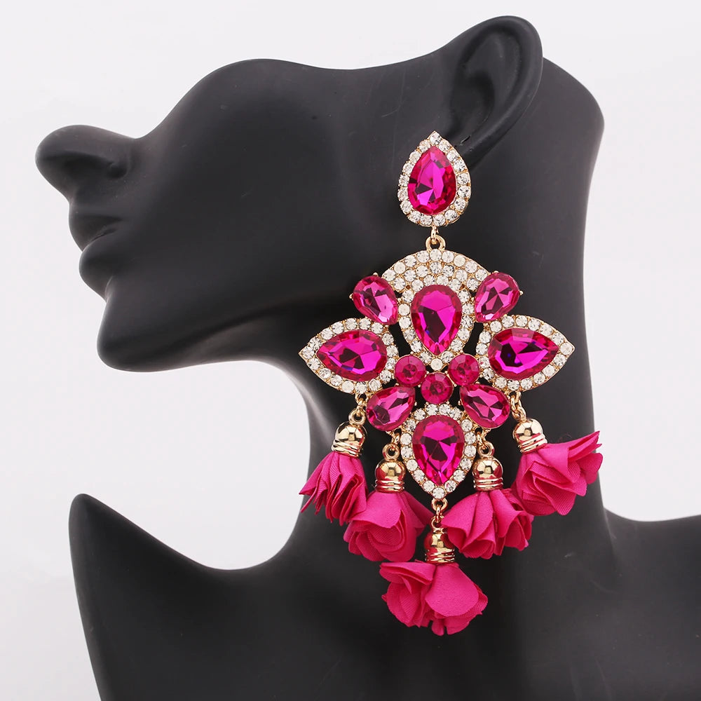 Boho Flower Tassel Earrings – Crystal Rhinestone Statement Jewelry for Women