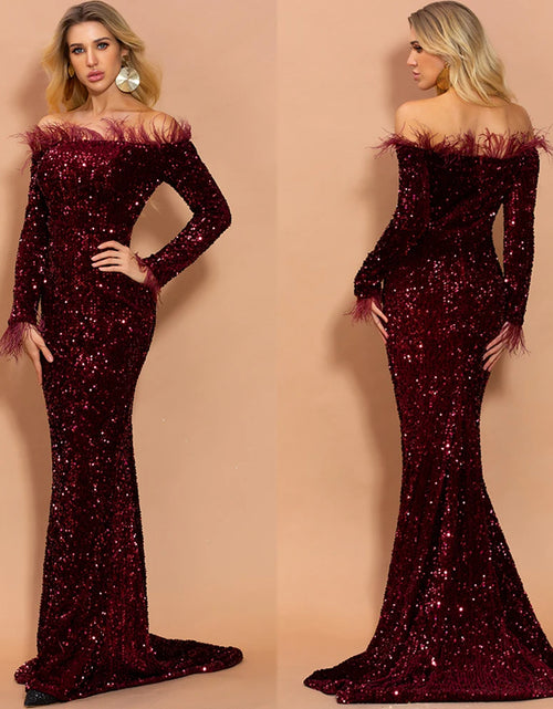 Load image into Gallery viewer, Glamour Redefined: Sequin Off-Shoulder Feather Detail Mermaid Evening Gown
