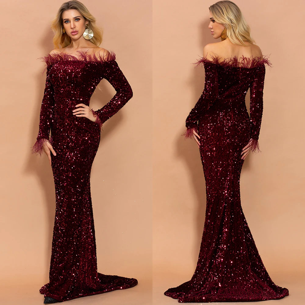 Glamour Redefined: Sequin Off-Shoulder Feather Detail Mermaid Evening Gown