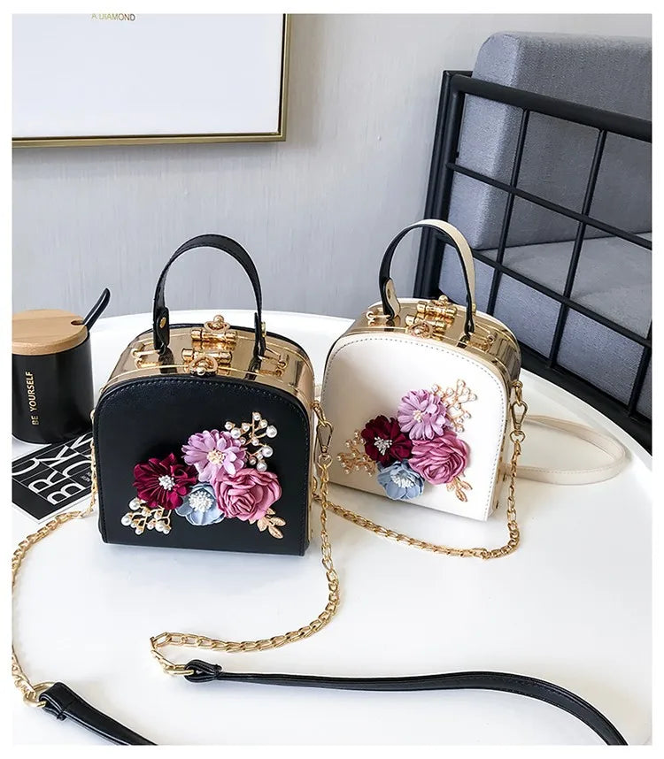 Elegant Flower Metal Clip Square Bag – Fashionable Shoulder Handbag for Dinners & Events