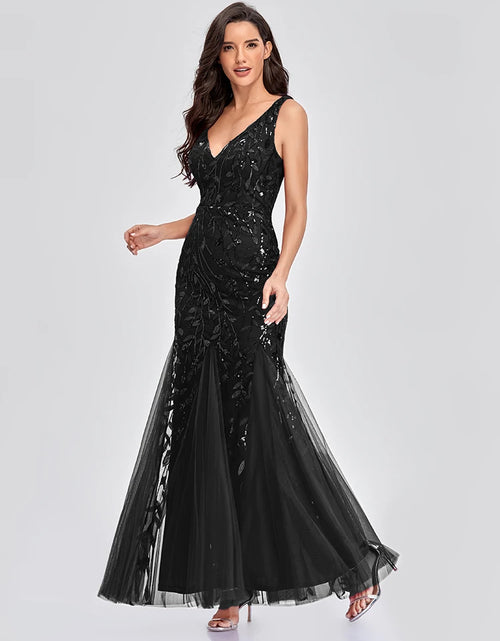 Load image into Gallery viewer, Glamorous Sleeveless V-Neck Tulle Sequin Mermaid Cocktail Dress for Unforgettable Nights
