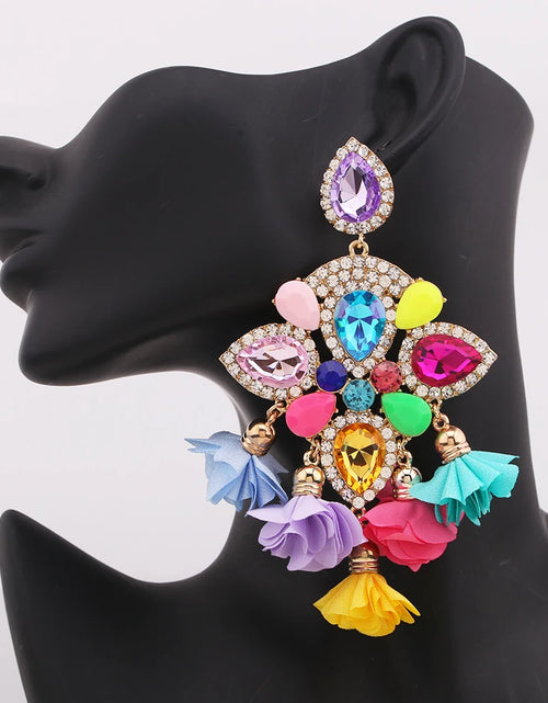 Load image into Gallery viewer, Boho Flower Tassel Earrings – Crystal Rhinestone Statement Jewelry for Women
