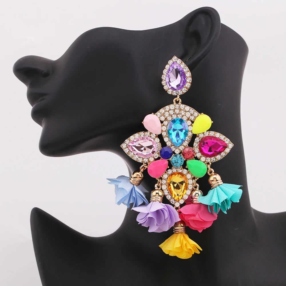 Boho Flower Tassel Earrings – Crystal Rhinestone Statement Jewelry for Women