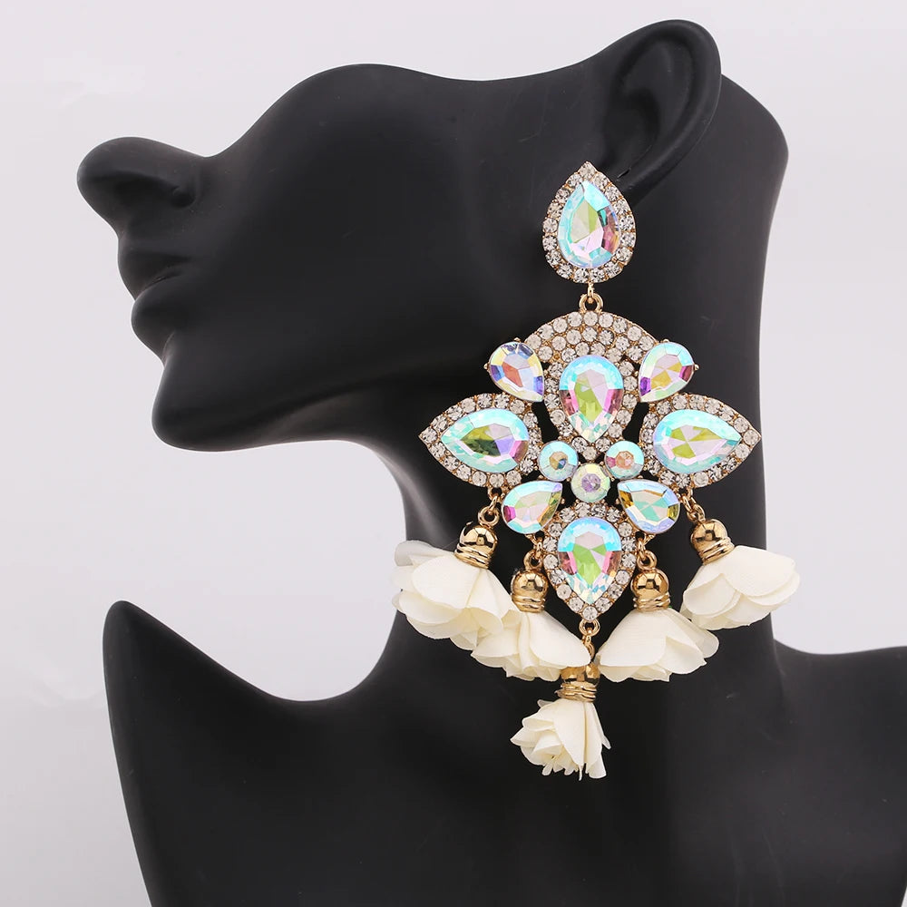 Boho Flower Tassel Earrings – Crystal Rhinestone Statement Jewelry for Women