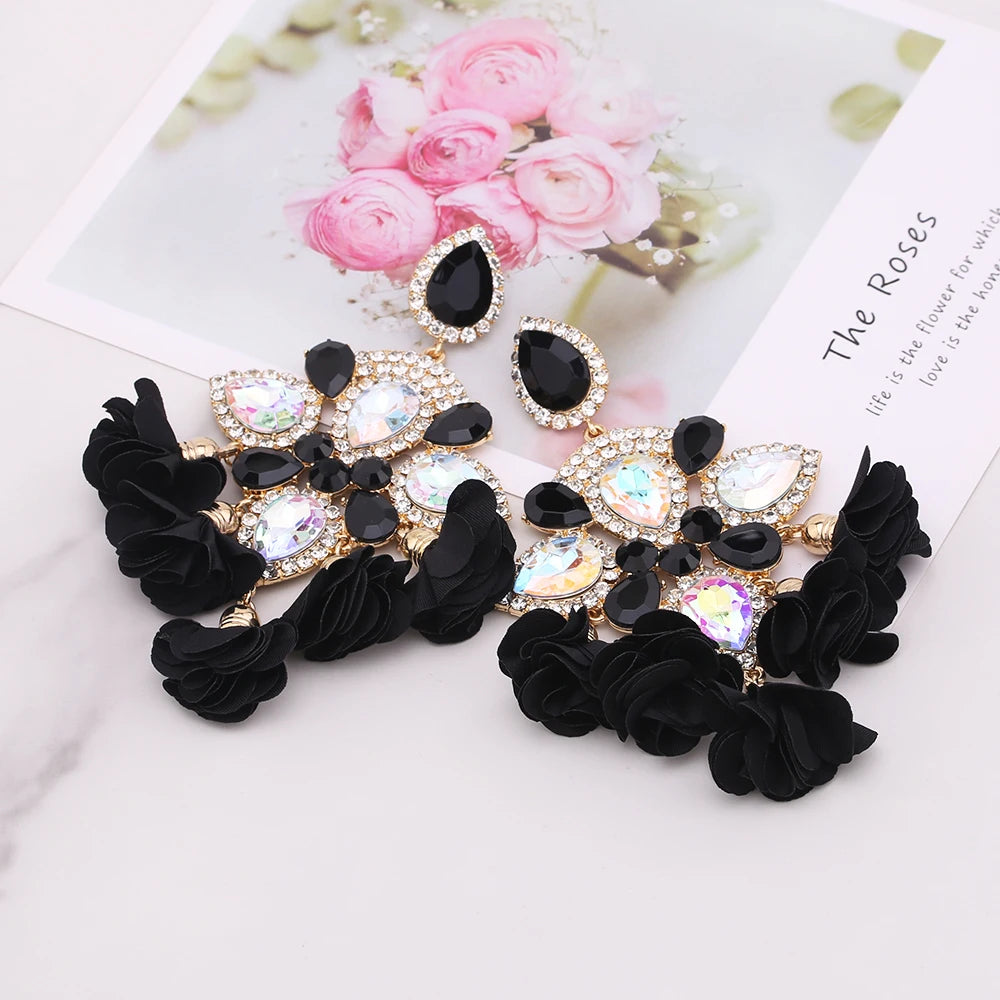 Boho Flower Tassel Earrings – Crystal Rhinestone Statement Jewelry for Women